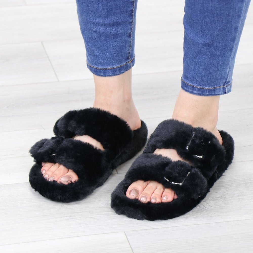 Black Puff Fuzzy Fluffy Slip On Plush Slippers Double Strap - Picture 5 of 16